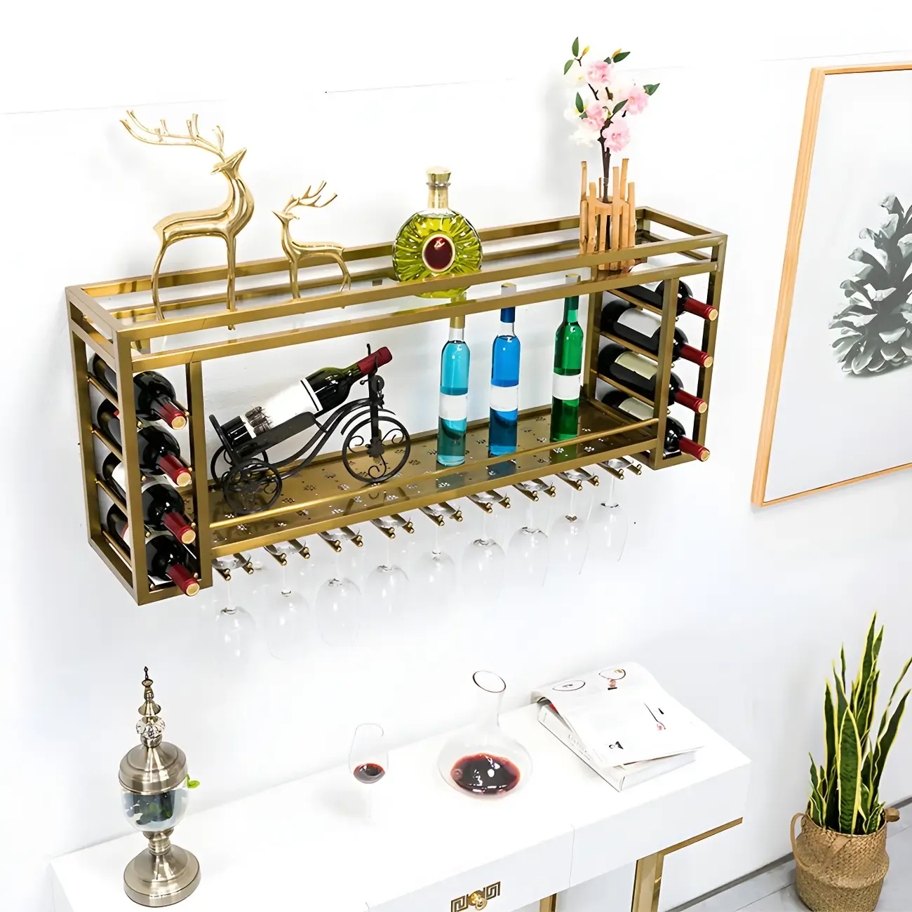 Luxury Metal Gold Wall-Mounted Open Wine Rack
