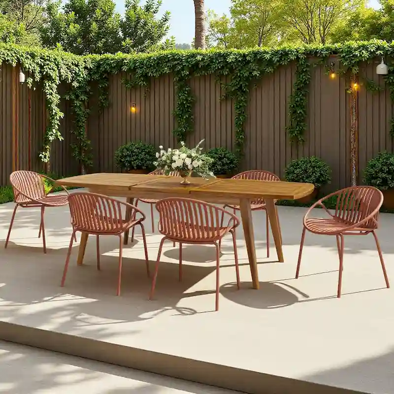 7-Piece Outdoor Extendable Dining Set with Extendable Acacia Wood Table and 6 Stackable Chair
