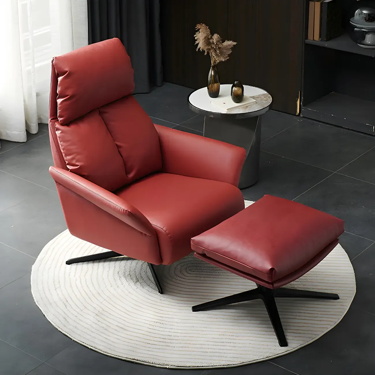 Modern Leather Swivel Chair Red with Arms Black Legs