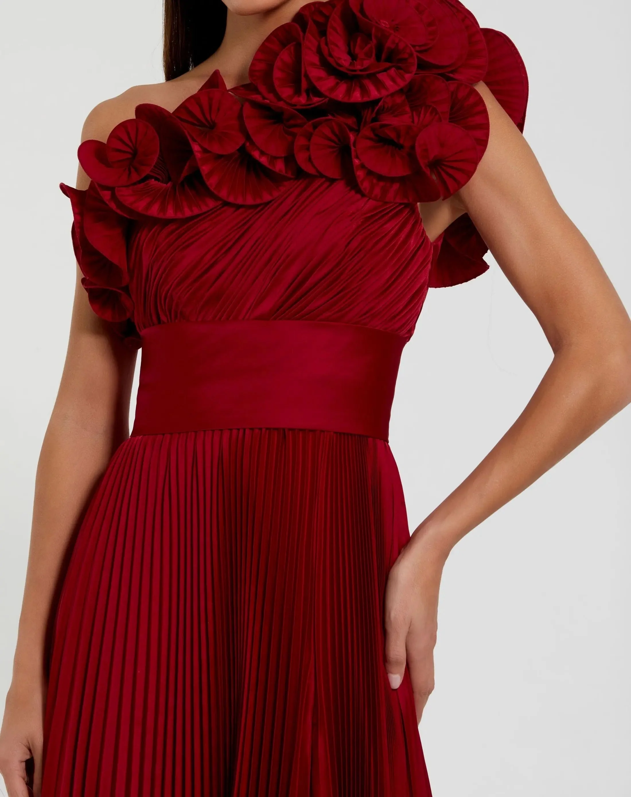 Red Pleated Charmeuse One-Shoulder Evening Gown with Ruffle Detail