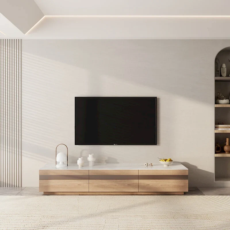 Modern Light Wood TV Stands, Glossy Stone Table-top, 3-6Drawers, Fully Assembled