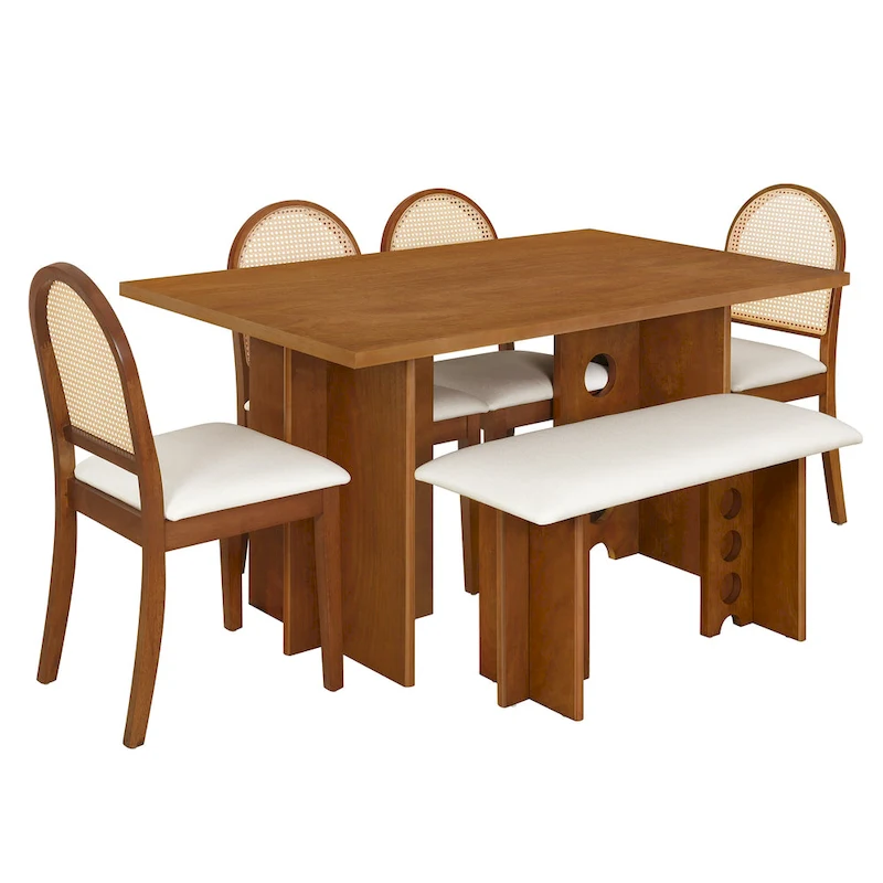 Modern Double Pedestal 6-Piece Dining Table Set with 4 Dining Chairs & 1 Bench