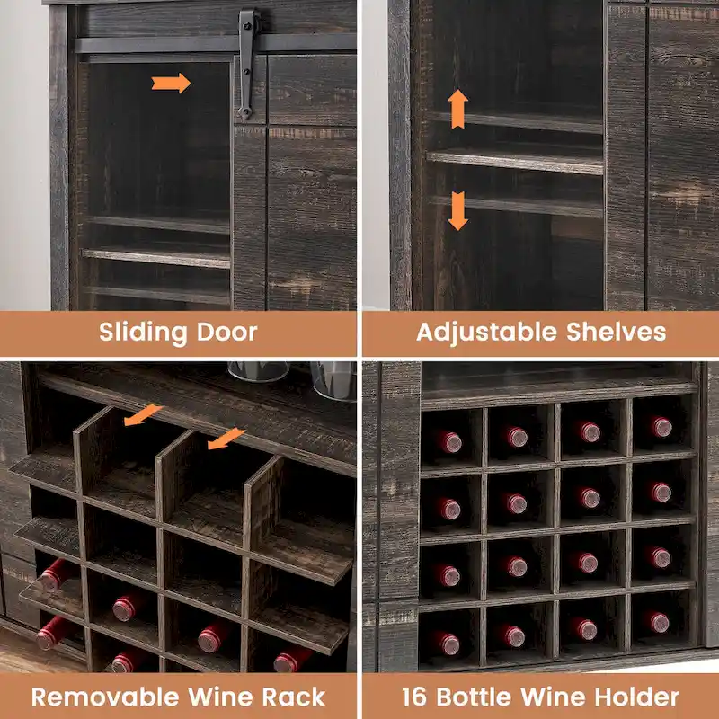 Dark Brown / White Farmhouse Sliding Barn Door Wine Bar Cabinet with 16-Bottle Rack – Single Unit
