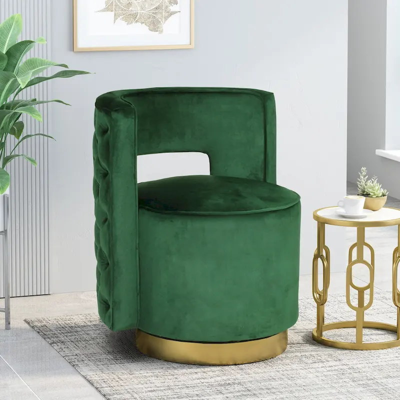 Modern Glam Round Open Back Velvet Swivel Club Chair with Copper Base