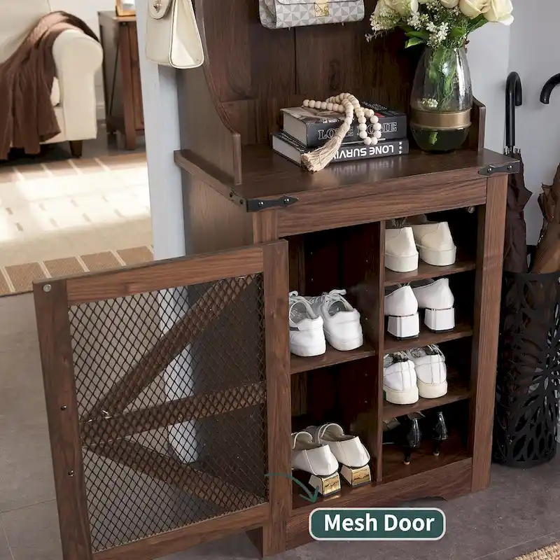 23 Wide Farmhouse Entryway Bench with Coat Rack, Hall Tree Cabinet