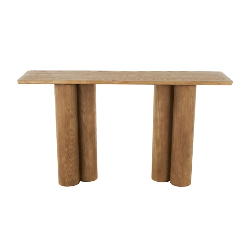 Brown handcrafted wooden console table with column legs