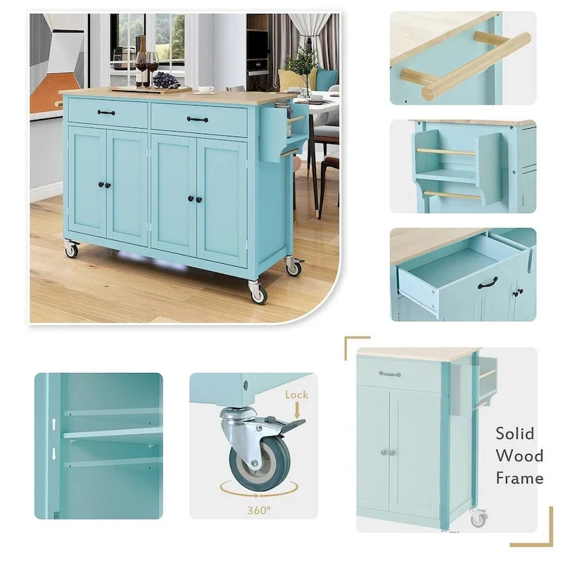 Kitchen Island Cart with Solid Wood Top, Locking Wheels, Spice & Towel Rack