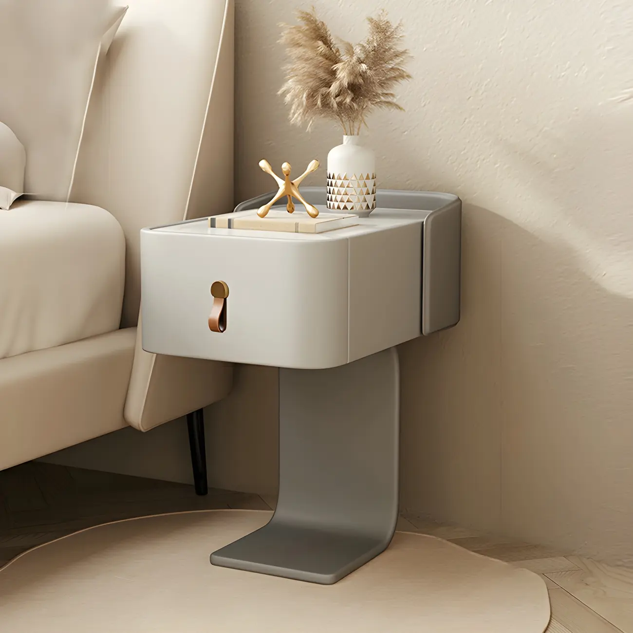 Khaki Stone Top Wood C-Shaped Nightstand with Drawer