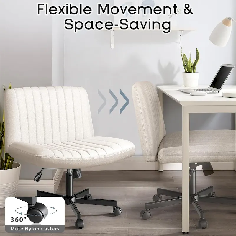 Bossin Criss Cross Chair Armless Office Desk Chair with Wheels,Fabric Padded Cross Legged Chair, Swivel Wide Seat Vanity Chair