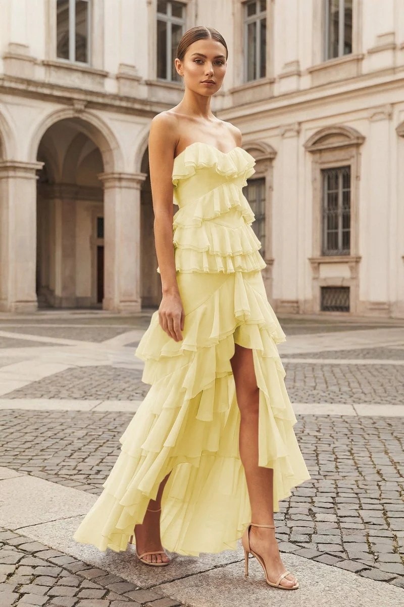 Pink Strapless Sheath Chiffon Ruffled Long Prom Dresses