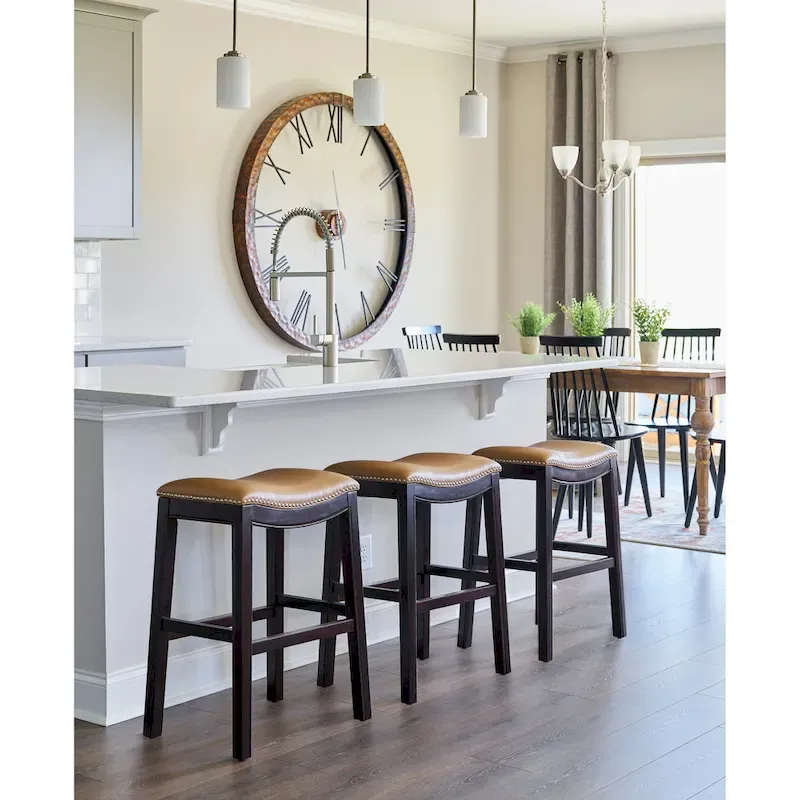 26-Inch Counter Height Bar Stool, Saddle Seat, Faux Leather, Nail Head Detail, Solid Wood, Metal Footrest Plate, Espresso & Tan, 1-Person Use