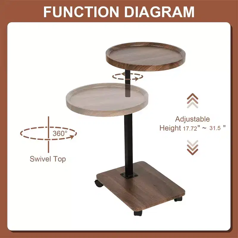 Side table C shape, 360 rotatable and height-adjustable sofa table, Adjustable Height Round Rolling End Table