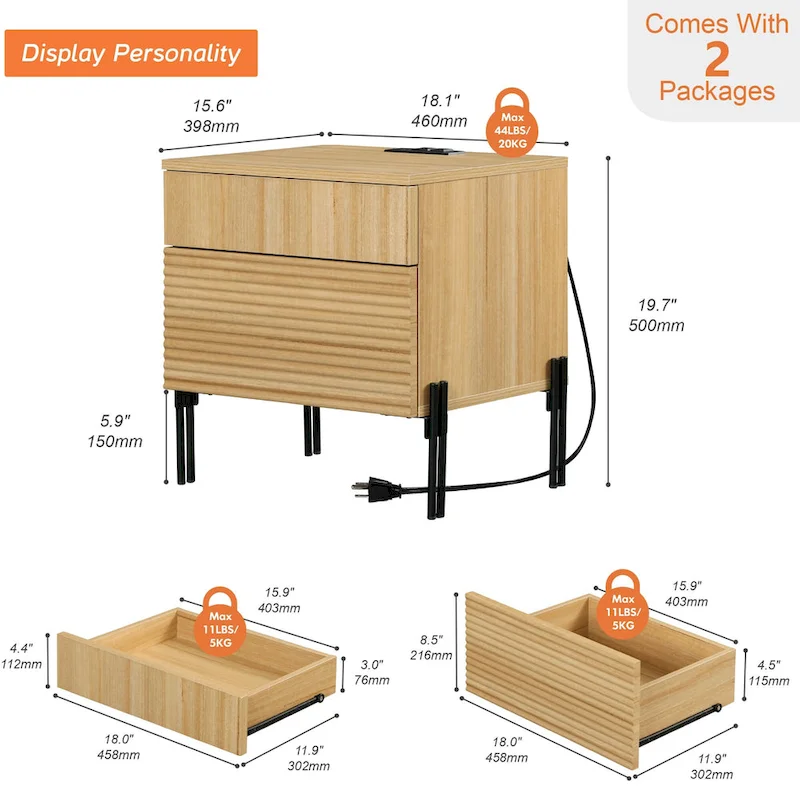 WAMPAT Fluted Nightstand with Charging Station,Modern Side Table with 2 Drawers