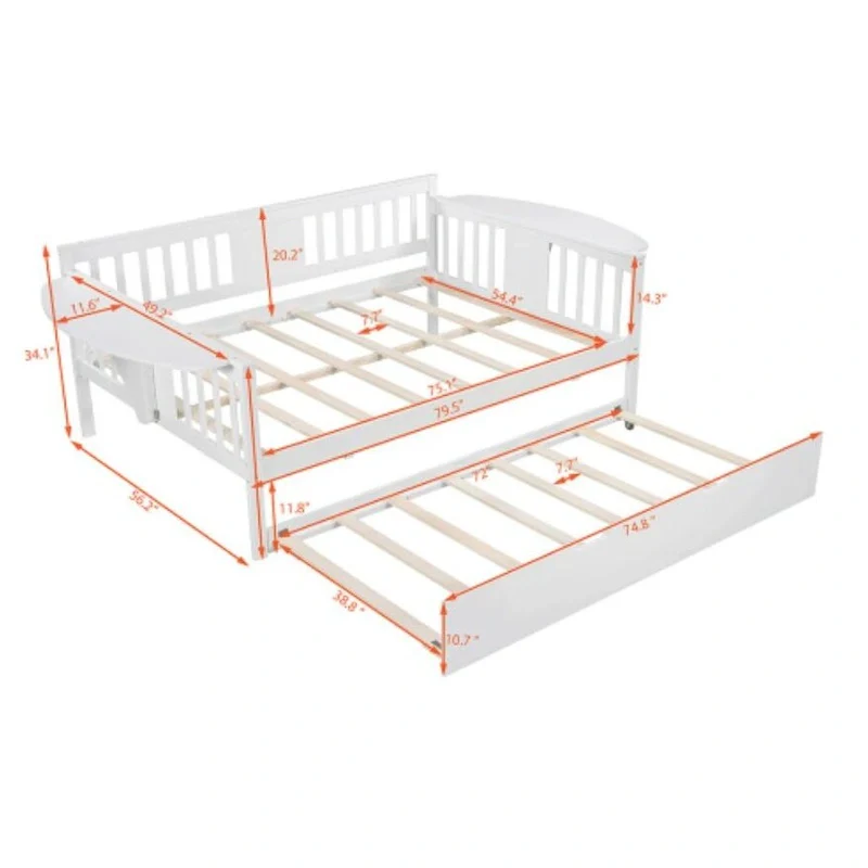 Wood Slat Support full size Daybed with Twin size Trundle in White