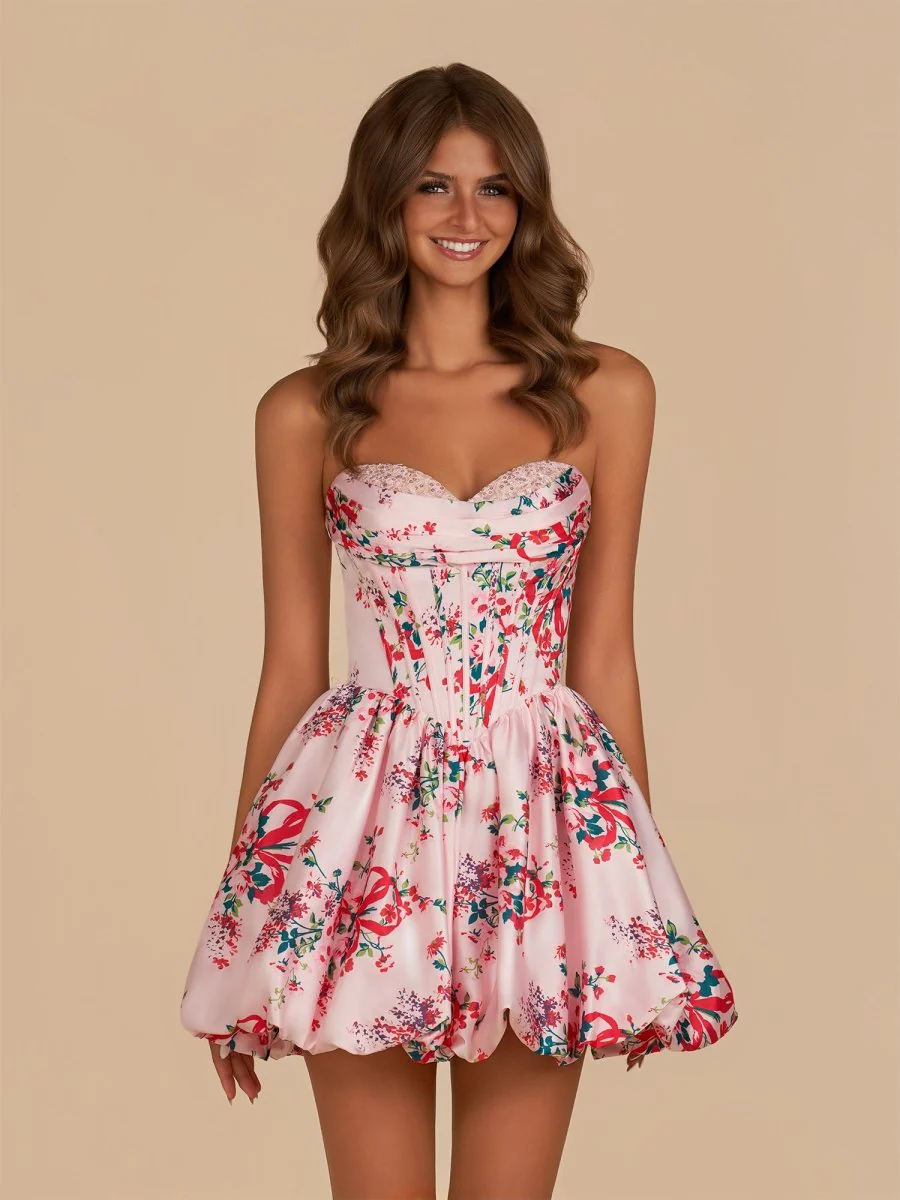 Pink - A Line Sweetheart Floral Satin Bubble Hem Homecoming Dresses with Sequins