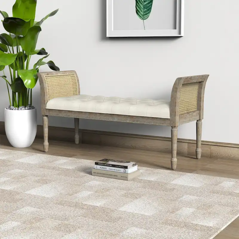 Natural Rattan & Ivory Tufted Upholstered Bench, Single Seat