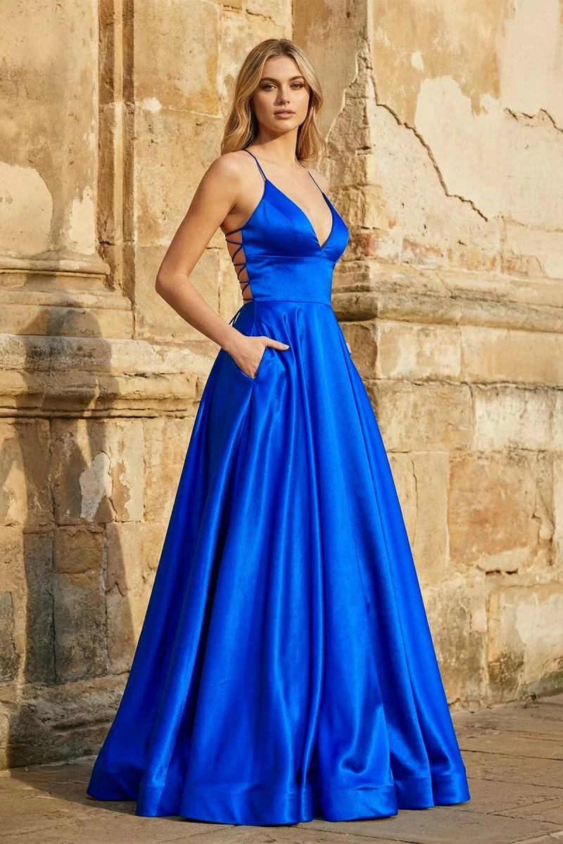 A Line Royal Blue V Neck Satin Prom Dress With Pockets