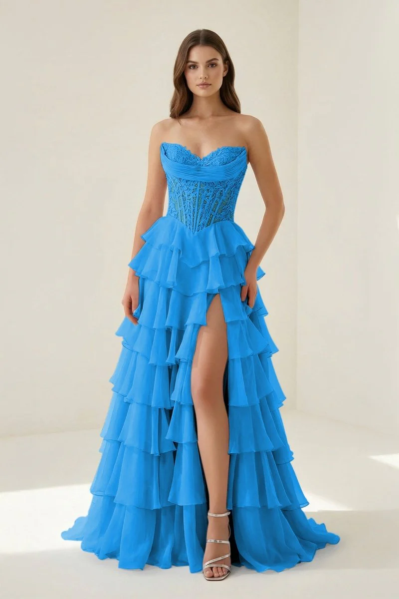 Azure - Strapless A Line Chiffon Ruffled Prom Dresses With Appliques