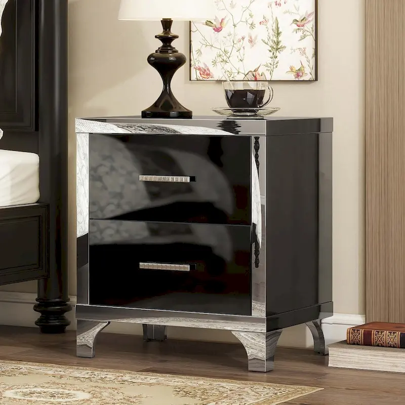 High Gloss 2-Drawer Nightstand, Black/White, Single