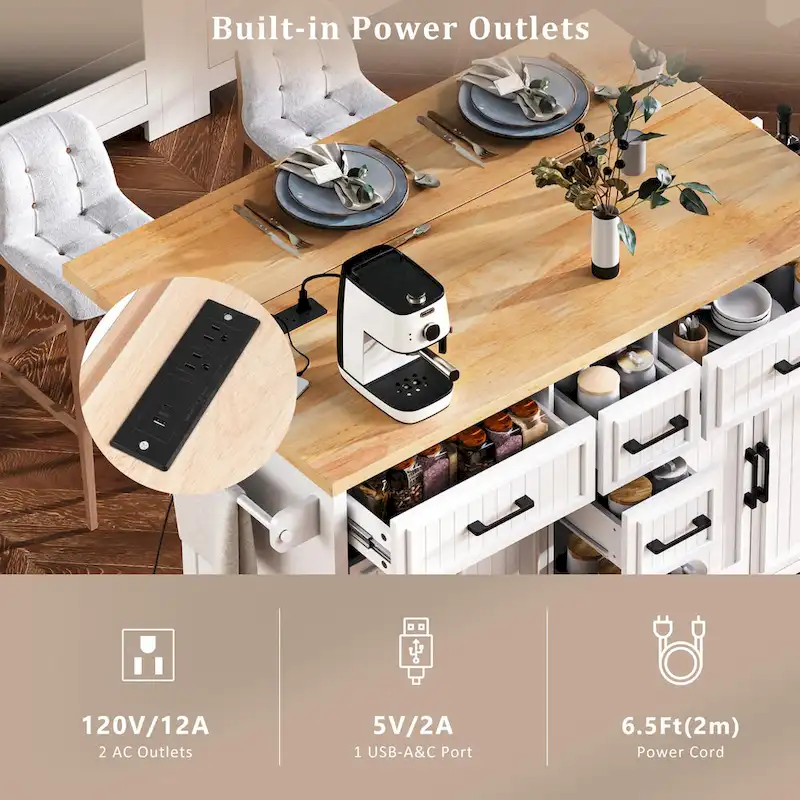 56.5 Kitchen Island with Drop Leaf and Charging Station, Rolling Kitchen Cart on Wheels with Drawers and Adjustable Shelves