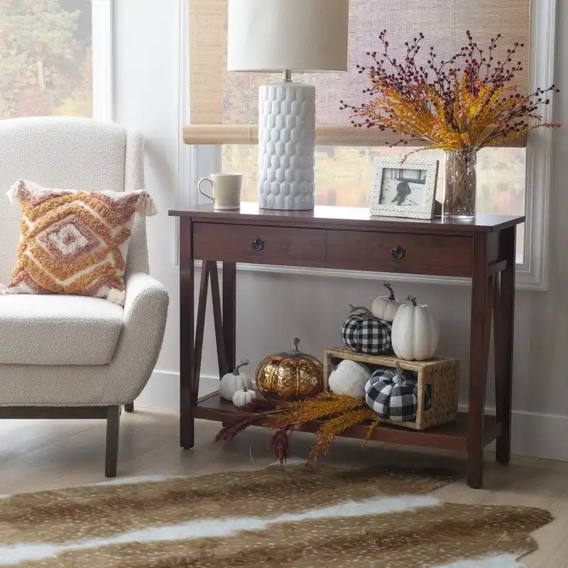 Antique Tobacco Finish Console Table, Rustic Wood, Entryway & Living Room