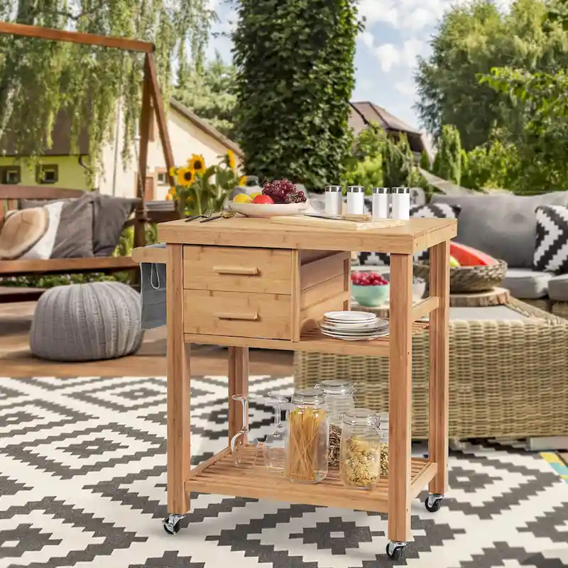 Bamboo Kitchen Trolley Cart Wood Rolling Island w/ Tower Rack