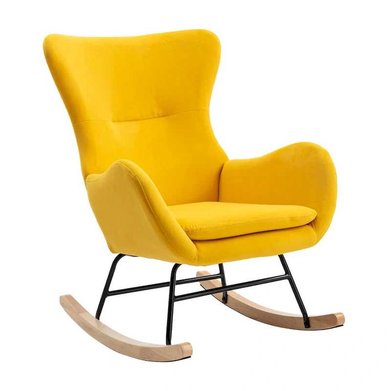 Yellow Modern 33.1 High Back Upholstered Rocking Chair with Rubber Wood Legs and Metal Frame