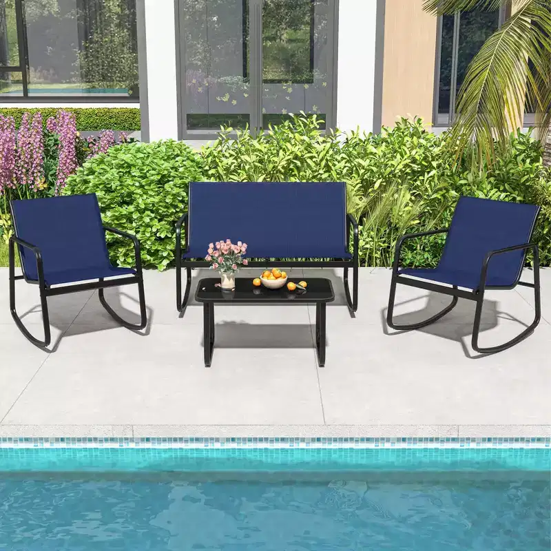 Costway 4/8 PCS Patio Rocking Set 4 Rocking Chairs & Loveseat with Glass-Top Table Outdoor Navy