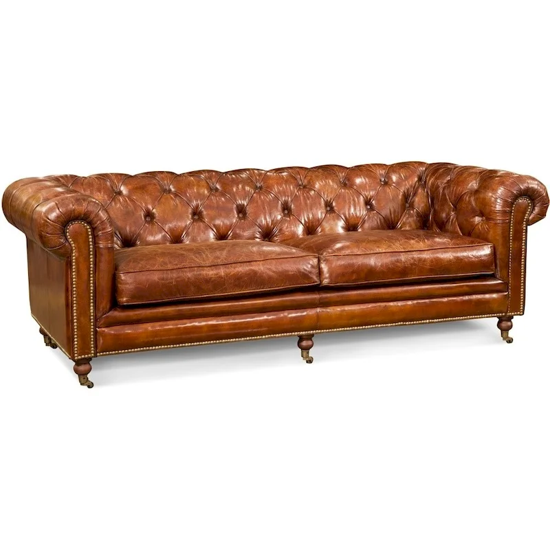 Top Grain Leather Chesterfield Sofa, Dark Brown, Tufted, 87 Inch