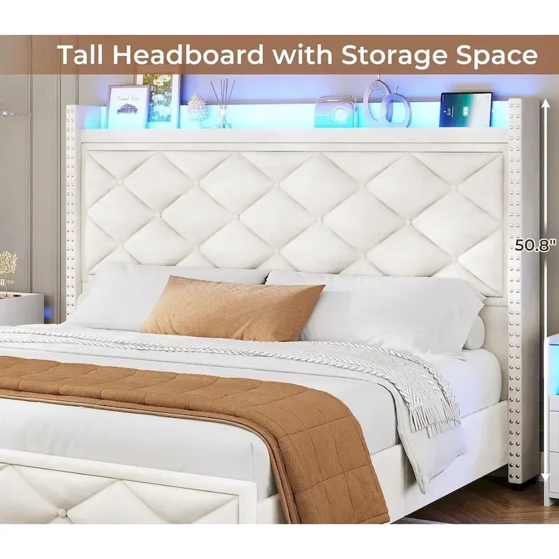 LED Bed Frame with 51.2  Tall Headboard Charging Station