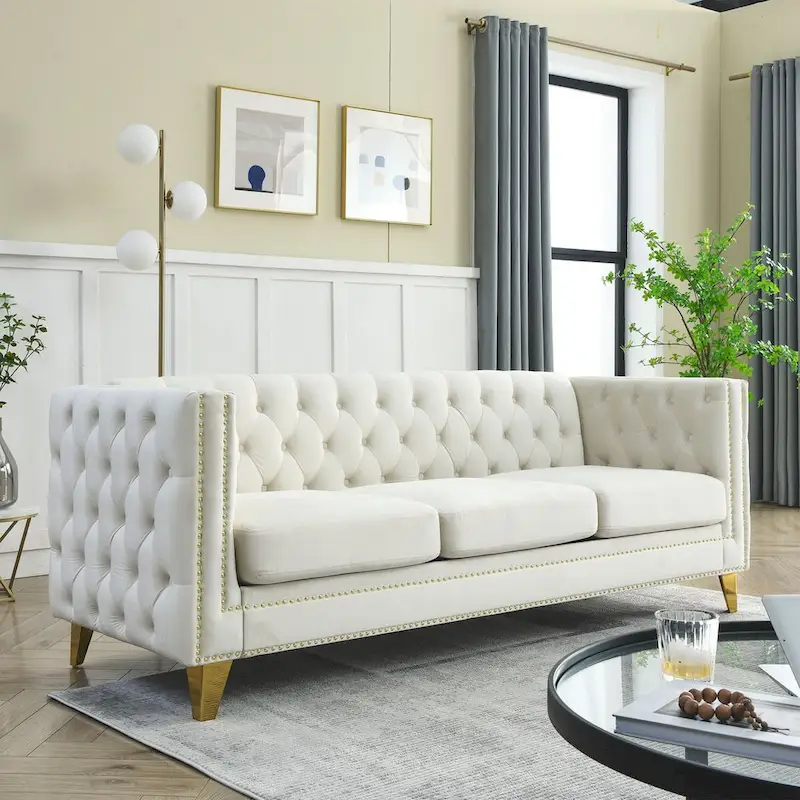 Velvet Upholstered 3 Seat Sofa,  Tufted Square Arm Sofa with Nailheads and Metal Legs