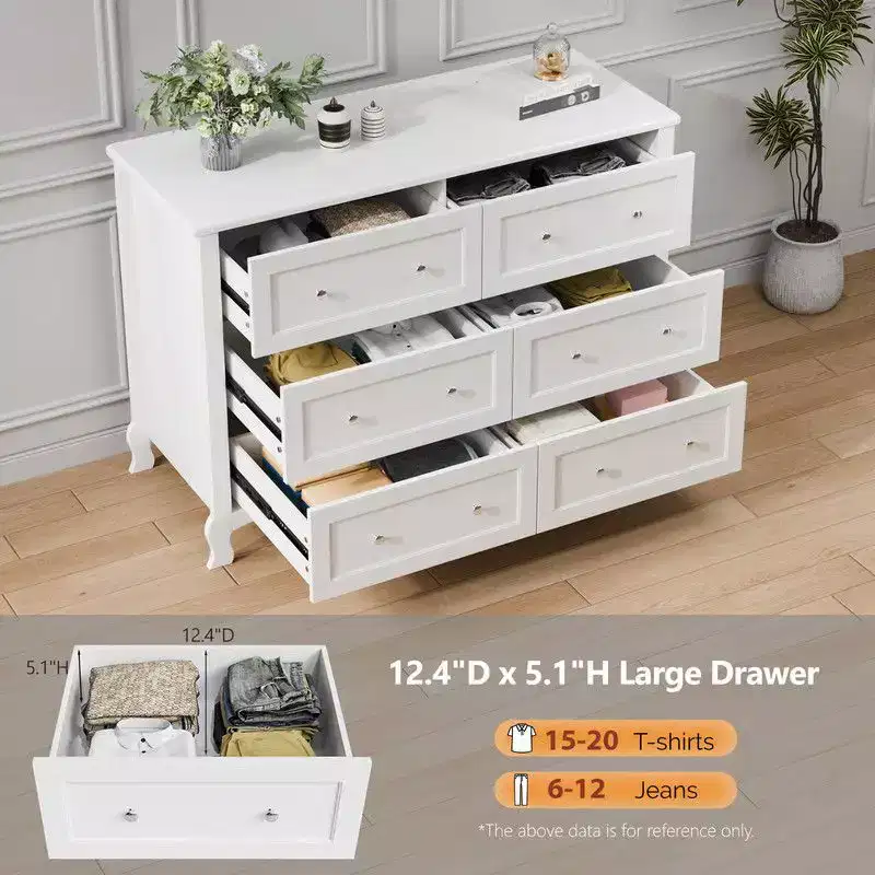 Karl Home White P2 Density Board Painted 47.2in 6 Drawer French Curved Legs