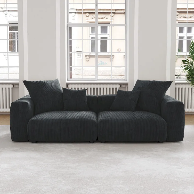 Black Corduroy Sectional Sofa Customized Sofa Couch with pillows.