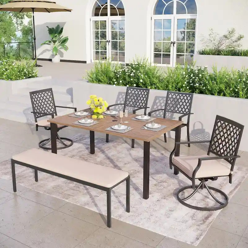 MAISON ARTS Patio Dining Set 6 Pieces with 1 Rectangle Teak Color Table, 2 Swivel Chairs, 2 Stackable Chairs and 1 Bench