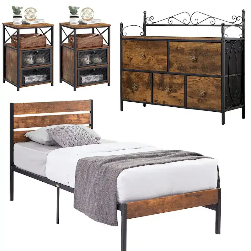 4-Pieces Bedroom Set with Drawer and Nightstands Set of 2, 5-Drawer Dresser, Brown/Grey Set