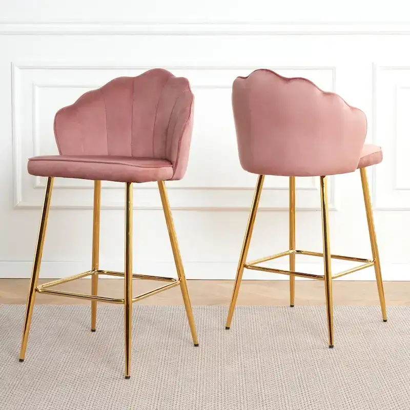 Velvet Shell Bar Stools Set of 2, Counter Height Chairs with Metal Legs, Upholstered Kitchen Island Chairs with Footres