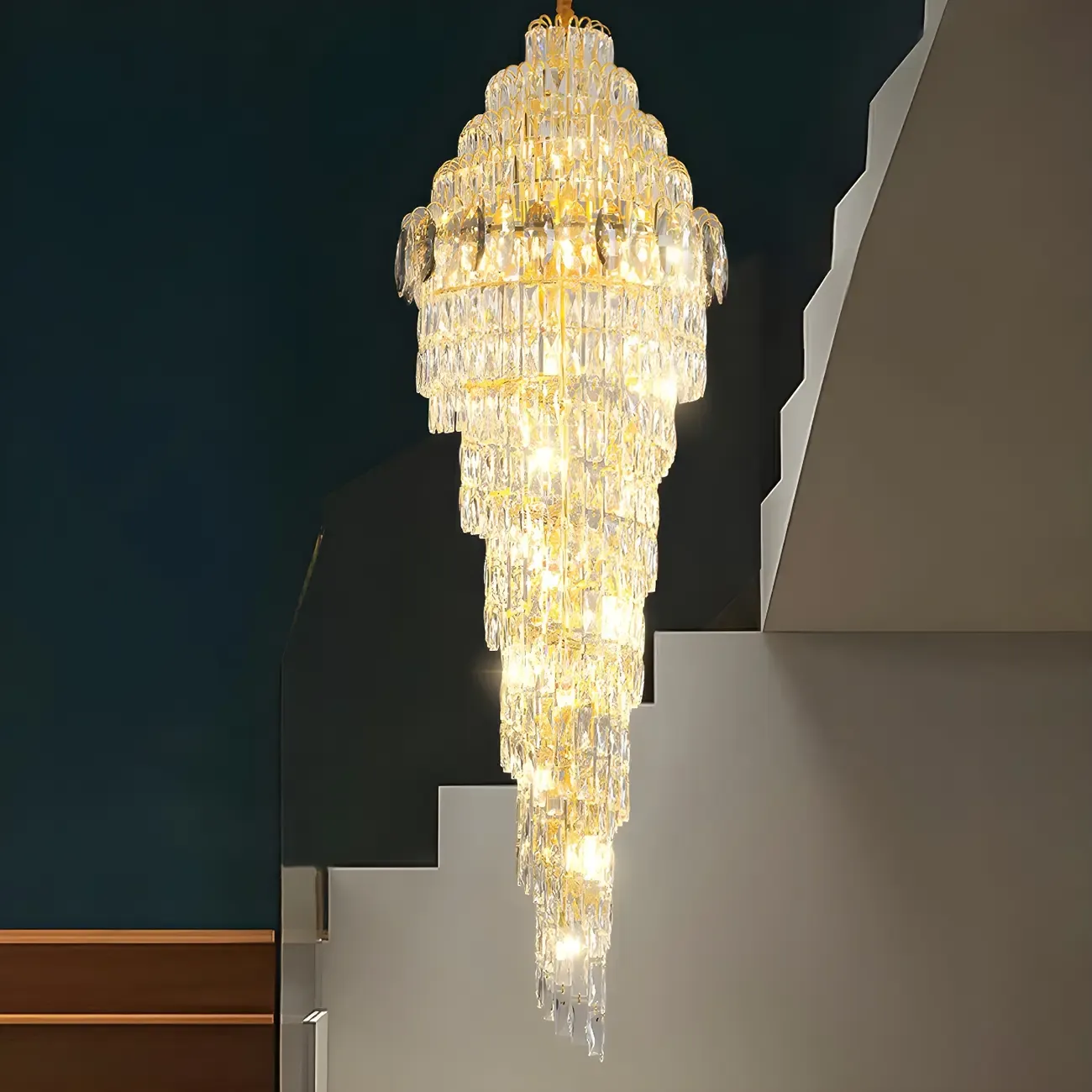 Luxury Gold Spiral Crystal Stairwell Chandelier Height Adjustable