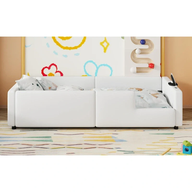 Twin Upholstered Bed with Guardrail & Charging Station