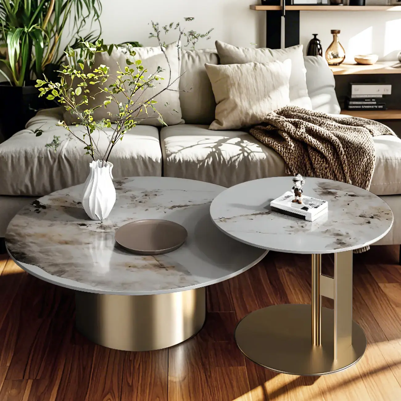 Modern Gray Round Nesting Coffee Table Set with Marble Top