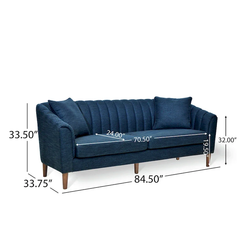 Channel-Tufted Sofa with Sloped Arms & Walnut Legs – Blush / Beige / Cloud Gray / Charcoal / Navy Blue, Mid-Century Modern, Seats 3