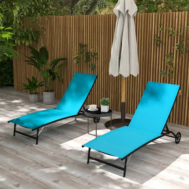 Outsunny Outdoor Chaise Lounge, 2 Piece Lounge Chair with Wheels, Tanning Chair with 5 Adjustable Positions