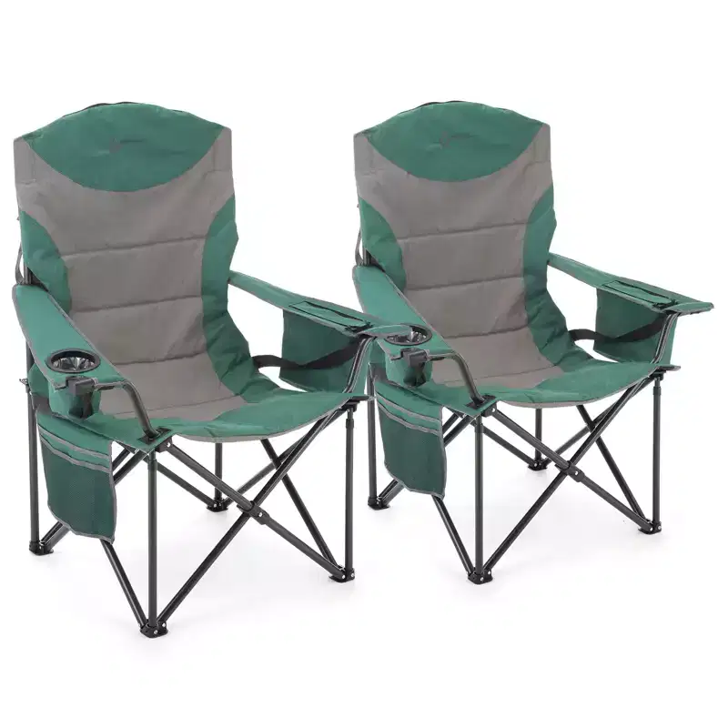 ARROWHEAD OUTDOOR 2-Pack Oversized XXL Portable Folding Camp Chair, Cup & Wine Holders, Armrest Cooler, Carry Bag, 600 lbs Capacity (Green & Grey)