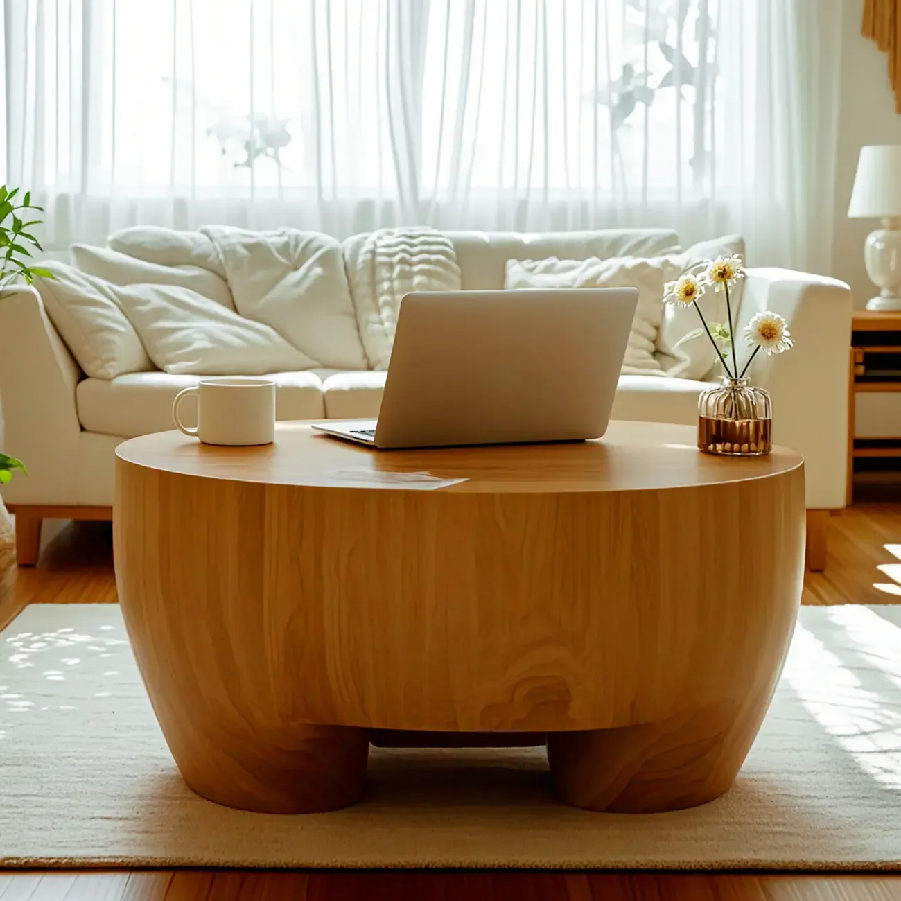 Rustic Solid Wooden Round Coffee Table with Natural Finish