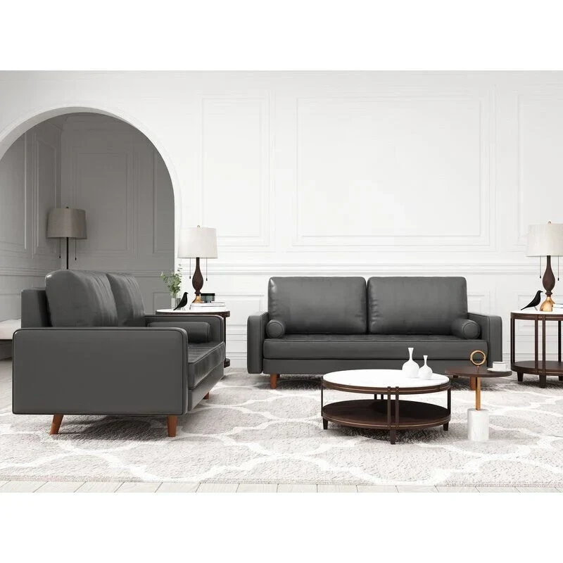 2 Piece Mid-Century Square Arm Leather Sofa Living Room Set - Sofa Width:70 &Loveseat Width:58
