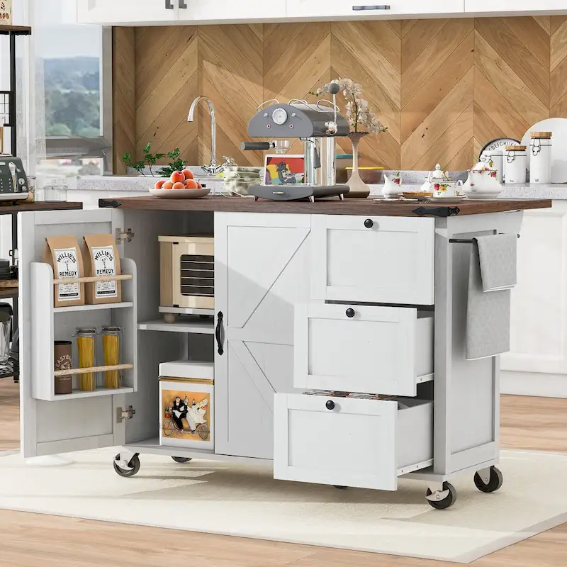 Farmhouse Kitchen Island with Power Outlet and Rolling Cart