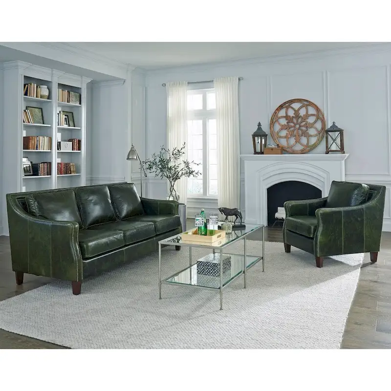 Essex Distressed Green Top Grain Leather Sofa and Chair Set
