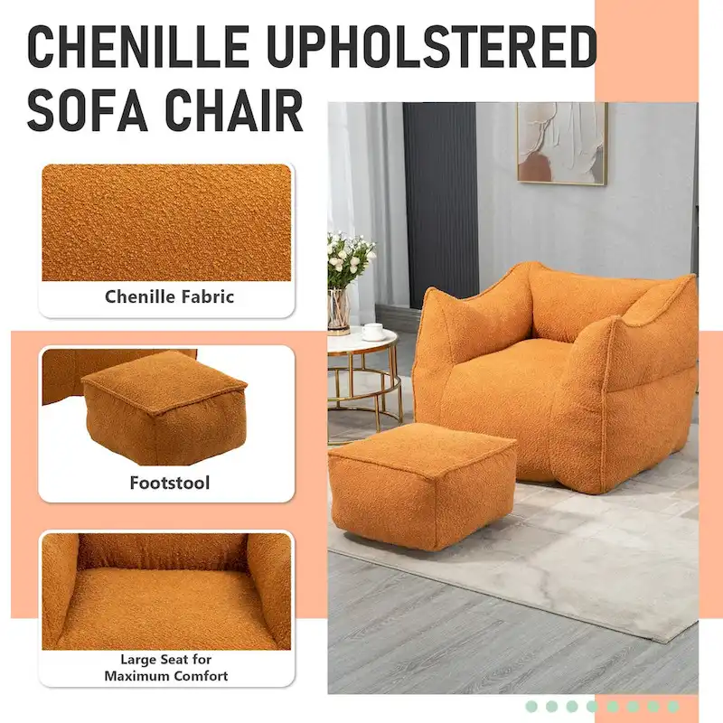 Boucle Upholstered Deep Seat Armless Square Bean Bag Chair with Ottoman