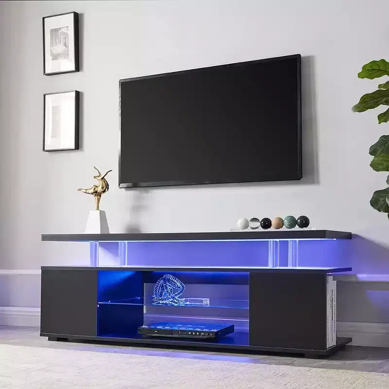 TV Stand with LED Lights, Entertainment Center with 2 Open & Side Compartments, Wide Desktop, Open Shelf, TV Console