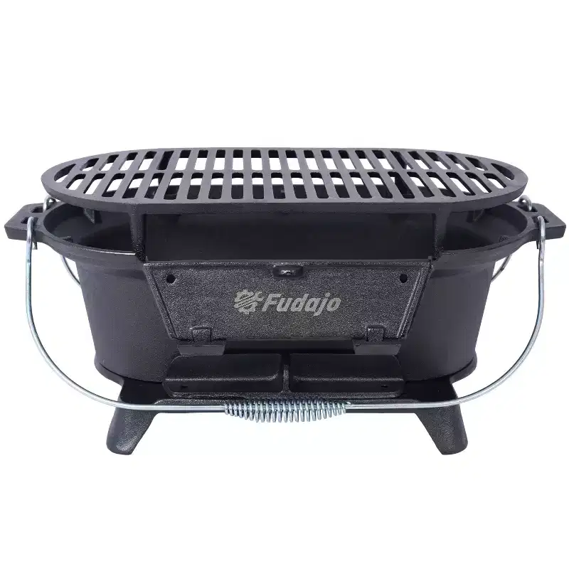 Okak Oval Bbq Grill with Cast Iron Frame, Portable Grill with Tabletop Cast Iron Skillet, Durable Charcoal Grills for Camping, Hiking, Picnics, Black