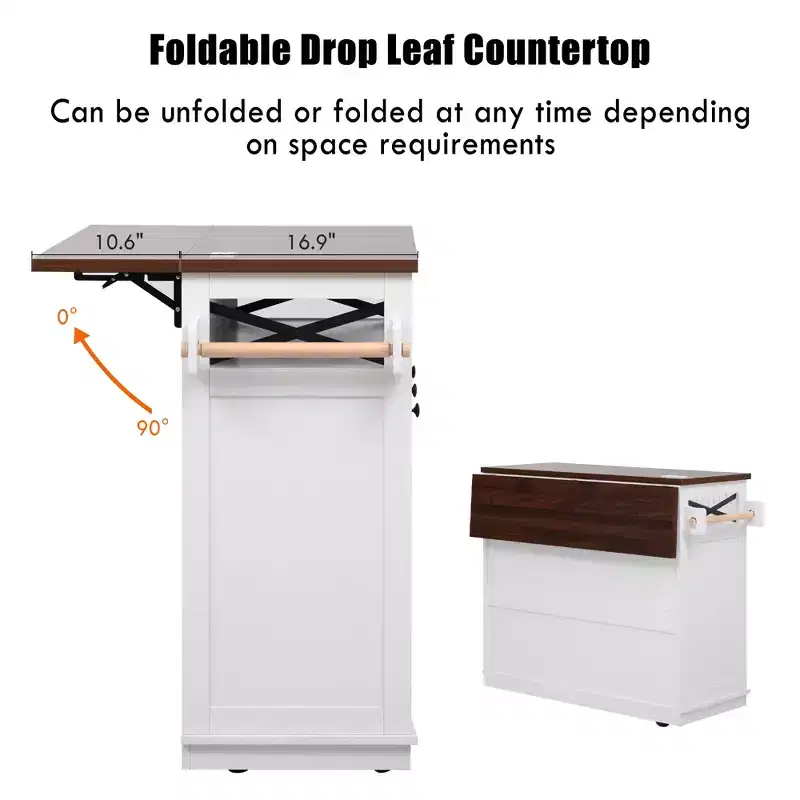46.5 Farmhouse Kitchen Island with Power Outlet & Beaded Drape - Rolling Cart with Drop Leaf, 3 Drawers & Locking Wheels